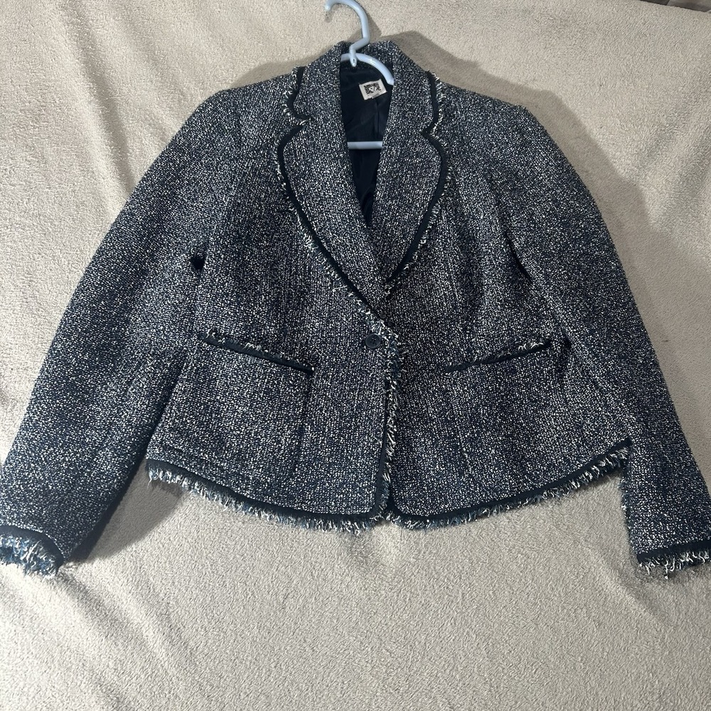 Anne Klein Womens Size 8 Blue Tweed Frayed Edge Blazer Jacket Single Button